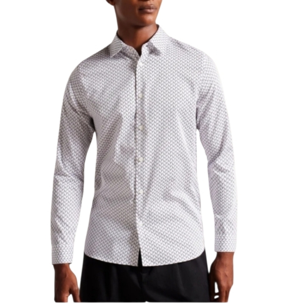 Ted Baker Men's Dress Shirt Willuw Button Up White Blue Geo Hash Print Medium